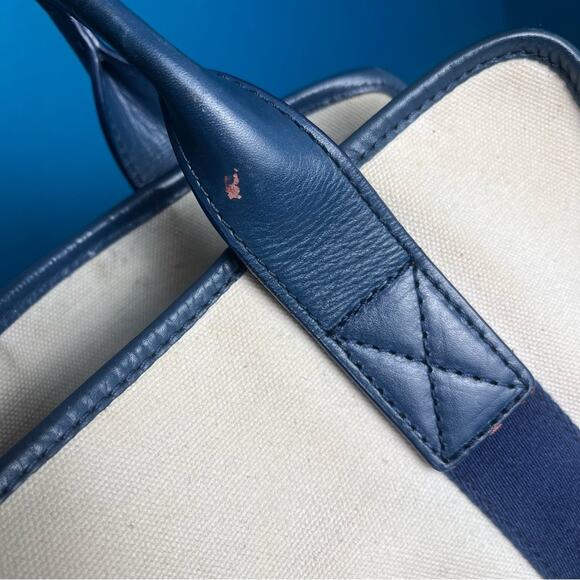 Michael Kors Canvas Leather Trimmed Large Tote Travel Bag Ivory Navy Blue - Picture 10 of 16